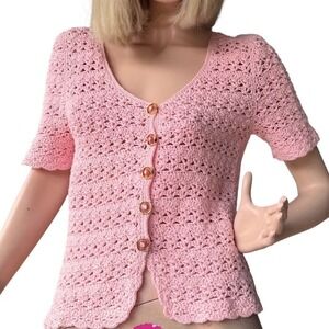 Vintage Crotchet Handmade‎ Pink Crochet Cardigan Barbiecore Cottagecore Sz Small